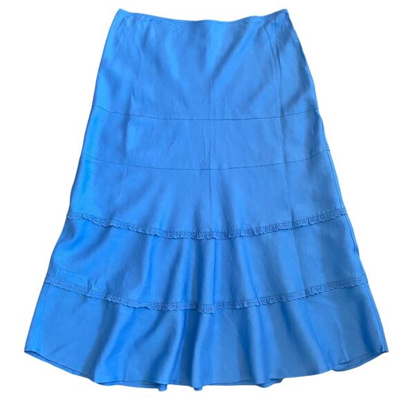 Midi Linen A-line Skirt PL Blue Tiered Coastal Summery Cottagecore Boho NWT - Picture 1 of 4
